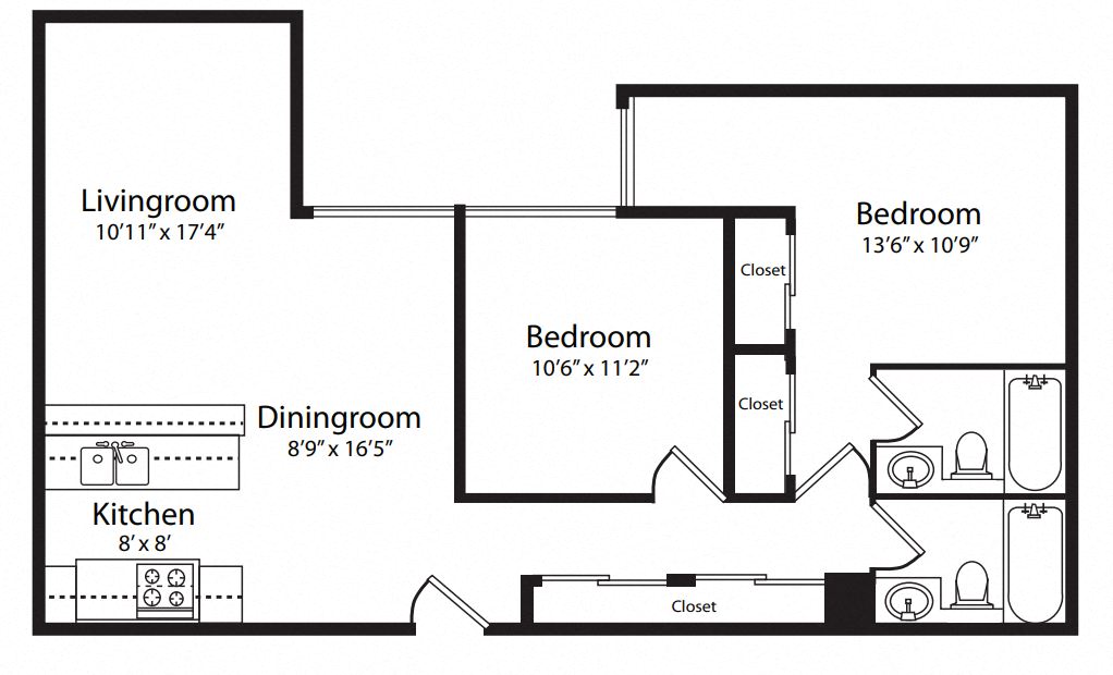 Floor plan for 2 beds, 2 baths, 863 sqft